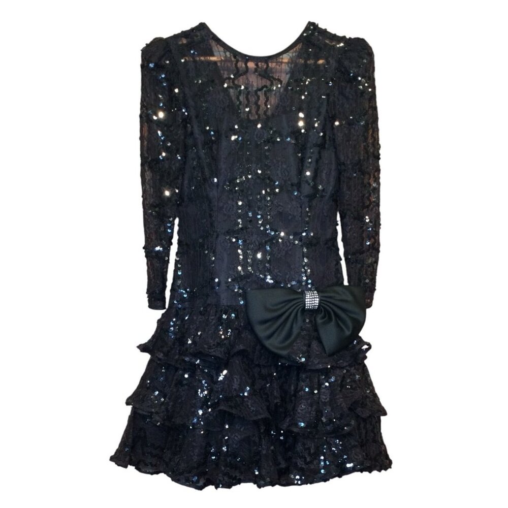 Julie Duroche After Five Black Sequin Lace Dress Bow Sz 8 Formal 80s Whimsigoth